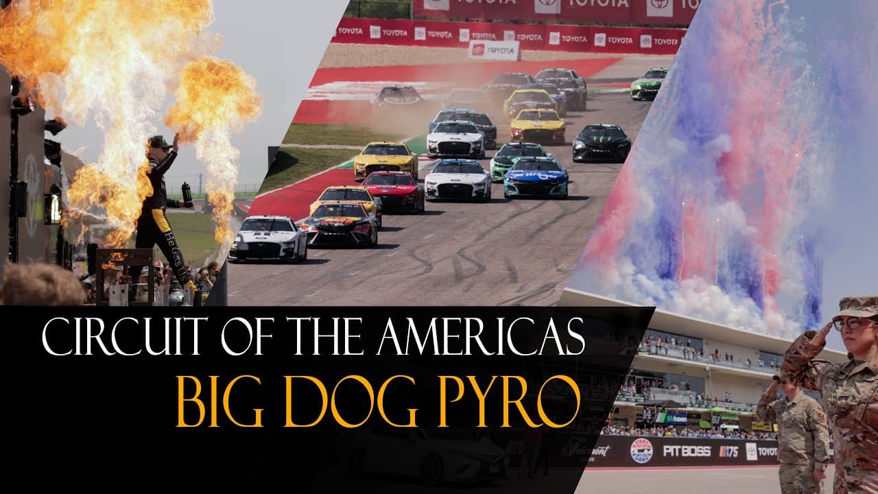 Composite still from a NASCAR weekend at Circuit of the Americas: pyro blast, stock cars on track, and red white and blue smoke with a saluting soldier. Title bar reads Circuit of the Americas Big Dog Pyro