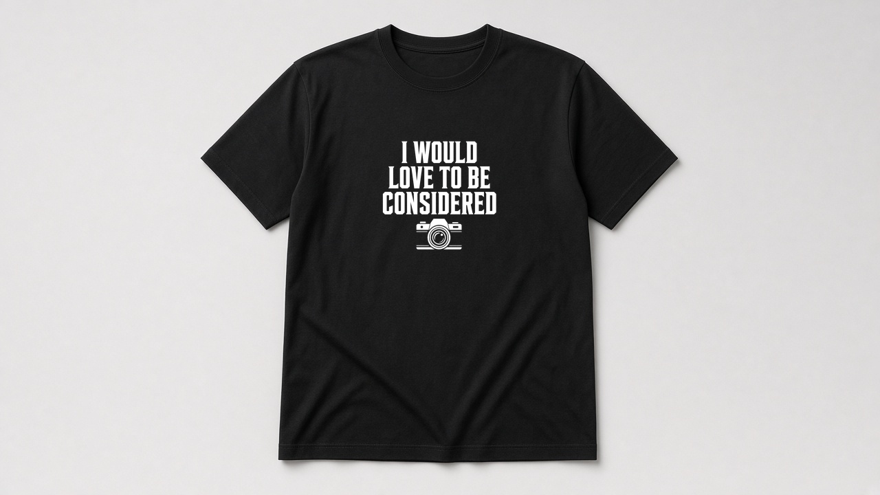 Black Considered tee laid flat, white print on the chest.