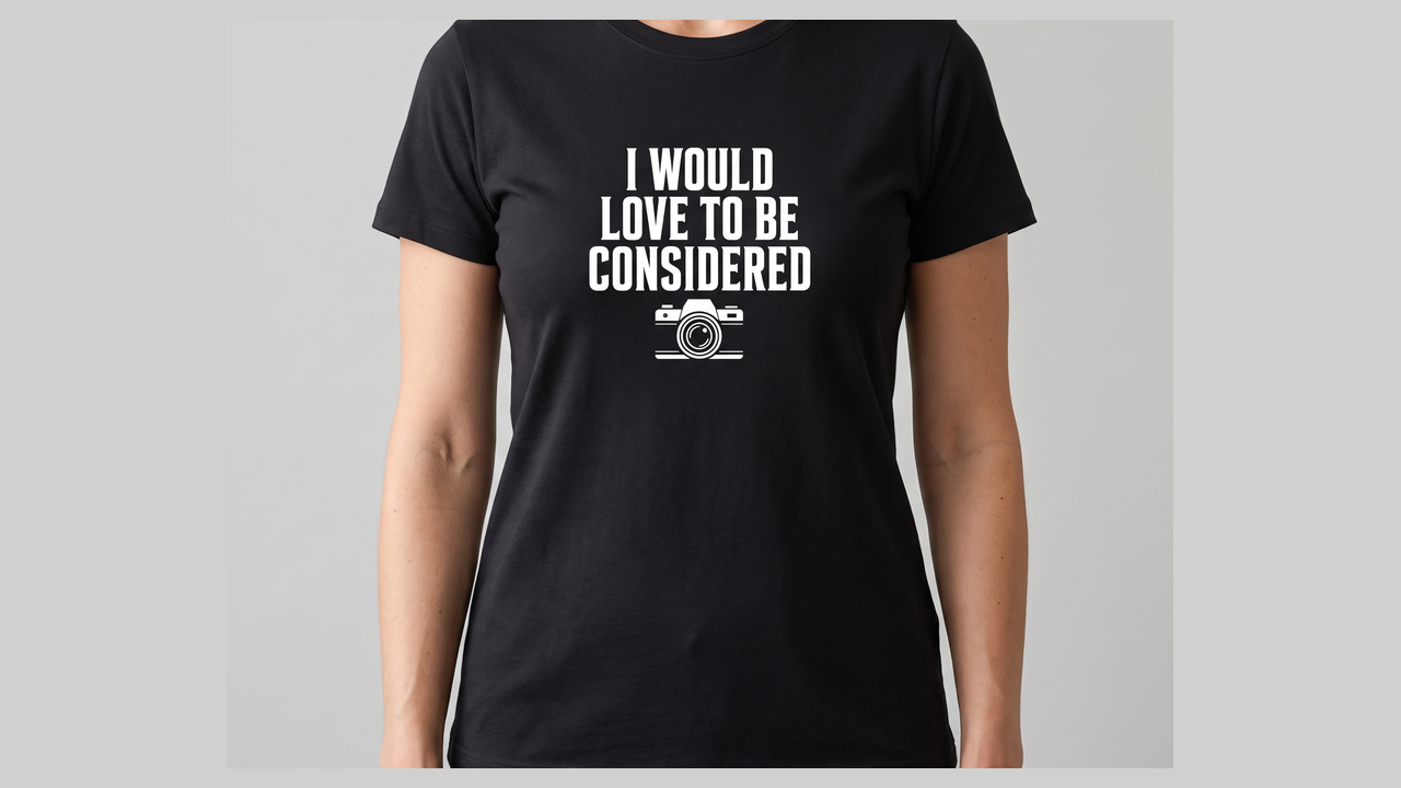 Men's Black I Would Love To Be Considered tee, size M.